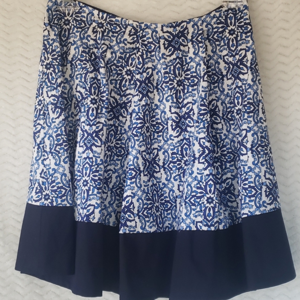 Milly Blue & White Printed Midi Skirt Size M | A-Line Pleated | Cotton Blend